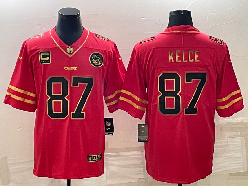 Men??s Kansas City Chiefs #87 Travis Kelce Red Gold 4-star C Patch Vapor Untouchable Limited Stitched Jersey